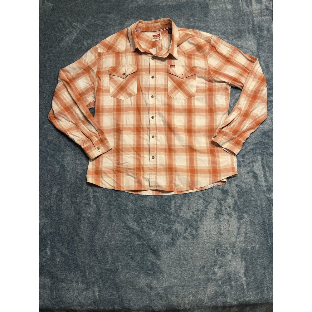 Wrangler Mens Button-Up Casual Shirt 2XL Orange Plaid Western Long Sleeve